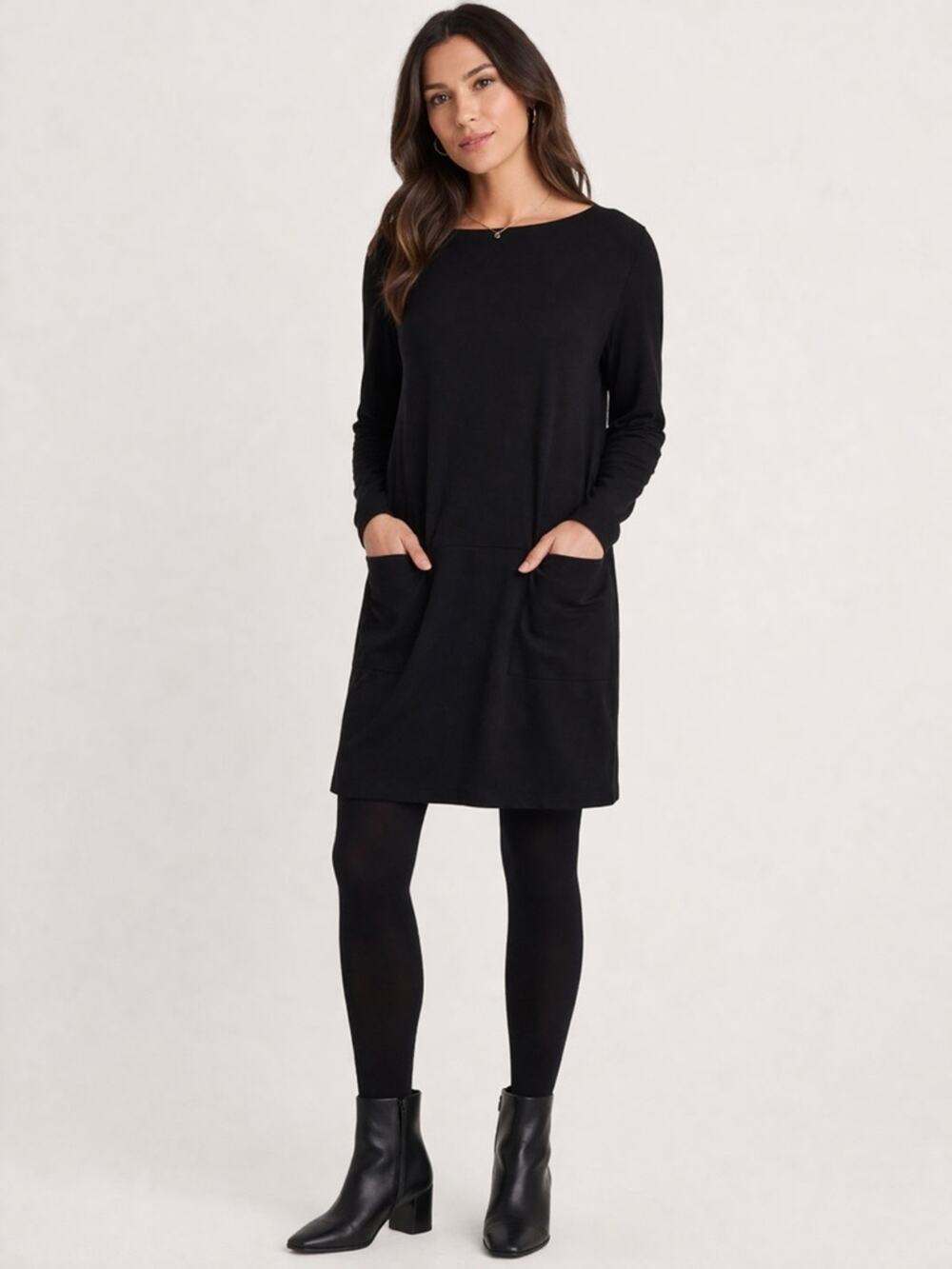 Eileen Fisher Black Ponte Knit Shift Dress Pockets Long Sleeve Minimalist M